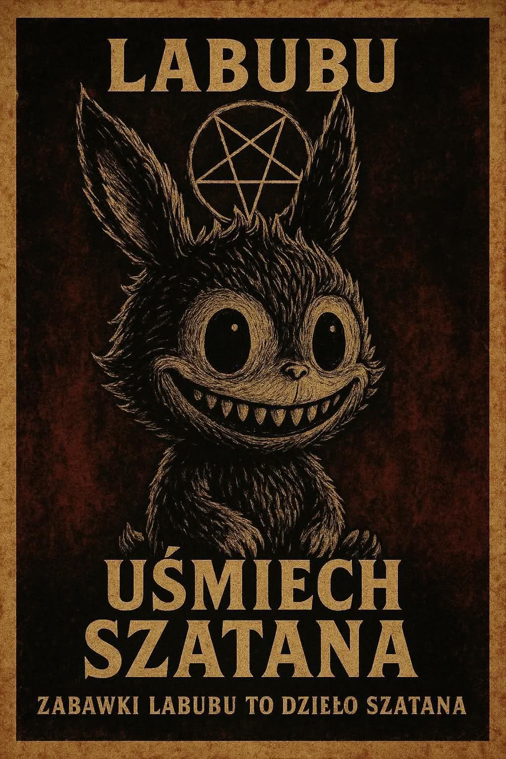 A strange and disorienting AI-generated image of a Labubu doll superimposed on a demonic background.